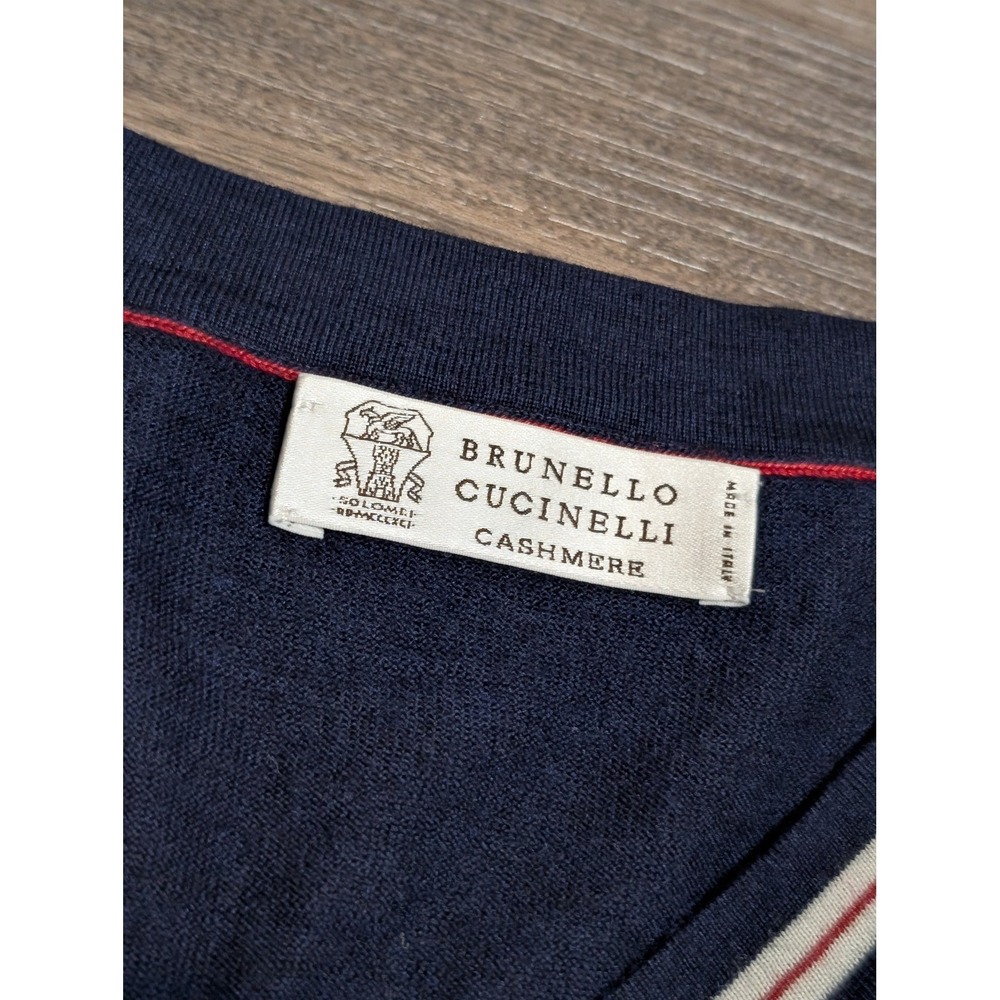 Brunello Cucinelli Men Navy Blue Cashmere Silk V-Neck Sweater IT 54 L Italy FLAW - Picture 5 of 9